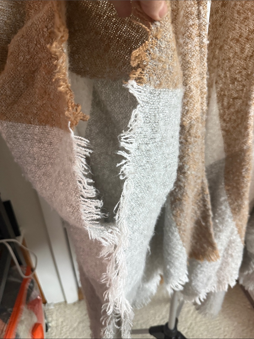 Open-Front windowpane Colorblock Shawl poncho Camel, Cream & Gray OS cottagecore - Picture 3 of 10